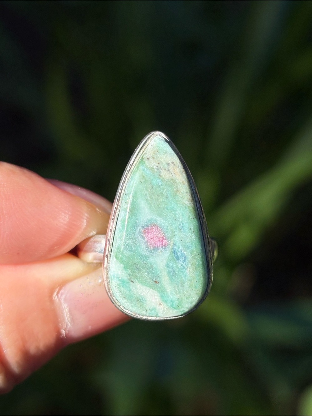 925 Silver Teardrop Green and Pink Ruby Zoisite Stone Ring